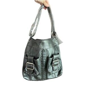 NWT Tignanello Gray Pebbled Leather Hobo Shoulder Bag Braided Buckle Pocket Y2K
